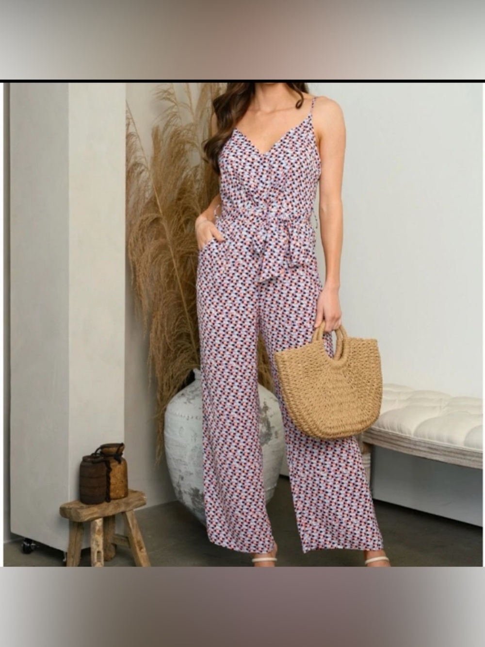 NWT Ambition Pink & Blue Printed Spaghetti-Strap Jumpsuit size Medium🌟🌸😎